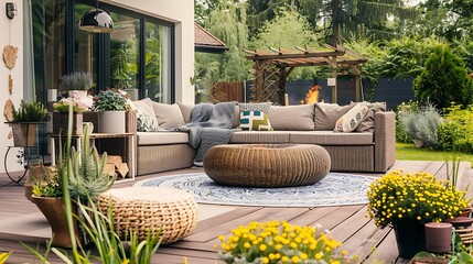 Cozy Backyard Haven: Patio with Modern Furniture, Potted Plants, and Inviting Fire Pit