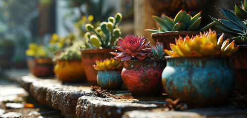 cactus in the garden and different plants in the vase - obrazy, fototapety, plakaty