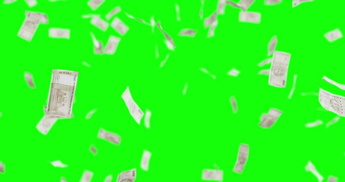 3D animation of 500 Rupees note money flowing down - green screen video