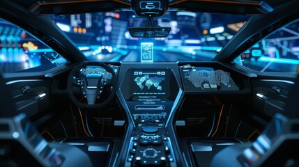 Futuristic autonomous vehicle cockpit. - obrazy, fototapety, plakaty