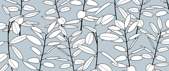 Light blue botanical background with black and white eucalyptus branches. Botanical vector card, poster, banner, cover design.