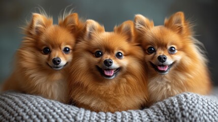 three small brown dogs sitting next to each other on top of a gray blanket on top of a wooden table.