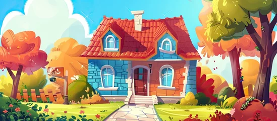 Foto op Canvas A cartoon illustration of a property with a red roof house, surrounded by trees. The building has windows and a door, showcasing a beautiful facade. This art piece captures the essence of real estate © AkuAku