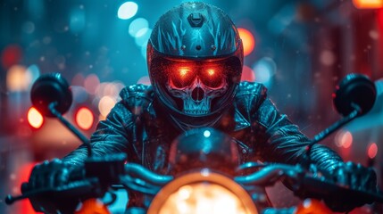 a man on a motorcycle with red eyes and a skull on the front of the bike, in the middle of the night. - obrazy, fototapety, plakaty