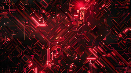 Electronic Circuit Board Cityscape. Vibrant Technology Network in Red