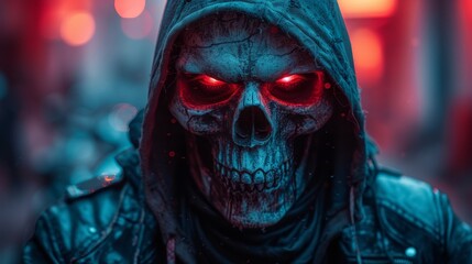 a skeleton with glowing red eyes and a hooded jacket is in a dark room with a red light coming from his eyes. - obrazy, fototapety, plakaty