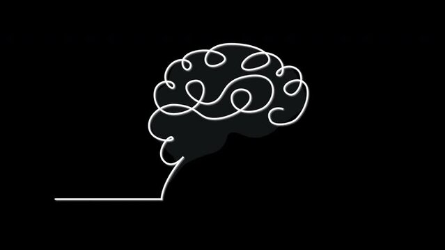 Human brain head silhouette self drawing animation. Black background. Blue gray colors.
