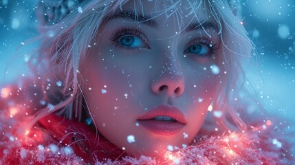 a close up of a person wearing a red coat and a snowflaked background with snow flakes.