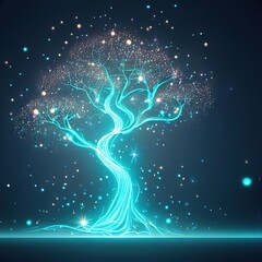 Linear tree with beautiful light particles with dark background.with Generative AI technology	