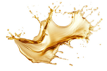 Golden splashes of oil with dynamic movement, isolated on a white background. - obrazy, fototapety, plakaty