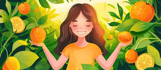Fotobehang A girl with a happy facial expression is holding oranges in her hands in a garden. The lush green grass, trees, and yellow fruits create a picturesque scene of nature © AkuAku
