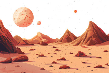 Realistic rendering of the Martian landscape, rocky terrain and dusty atmosphere of the Red Planet on a plain white background