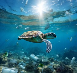 turtle swimming in the sea and sun light reflection