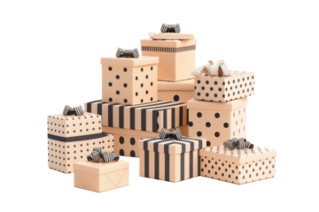 festive arrangement of beige birthday boxes with playful polka dots and stripes, separated on a white background.