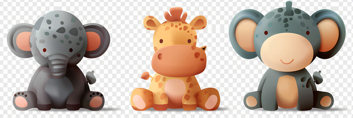 cutout set of 3 cartoon animal toy characters isolated on a transparent background, generative Ai