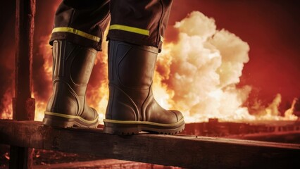 A dramatic, high-angle view of a fireman's thick, black rubber boots with a massive fire explosion erupts in the background. The boots are situated on a wooden beam,The background is filled with flame - obrazy, fototapety, plakaty