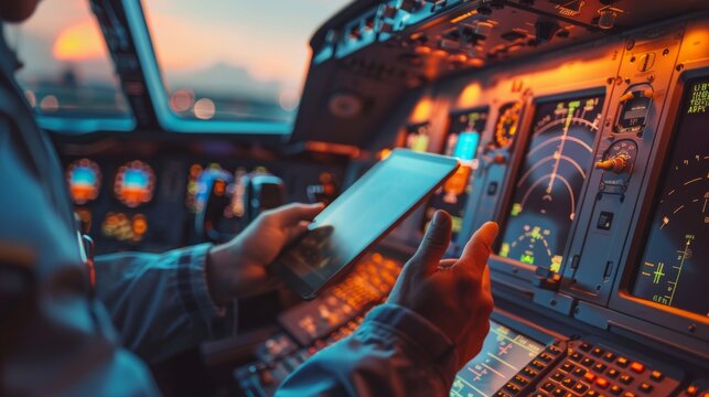 Pilot showing digital tablet to copilot in cockpit of private plane - Powered by Adobe