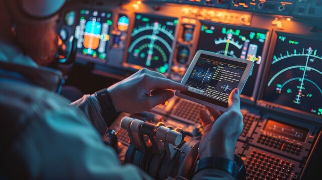 Pilot showing digital tablet to copilot in cockpit of private plane