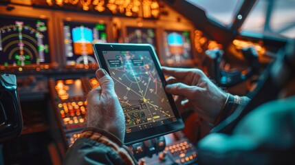 Pilot showing digital tablet to copilot in cockpit of private plane - Powered by Adobe