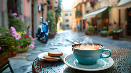 a cup of coffee on a rustic table outside a bustling café on an old Italian street