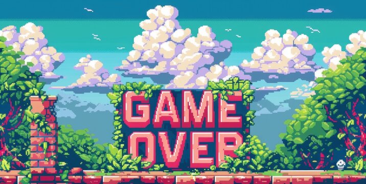 Game over Pixel art design. Arcade retro banner, digital pixel 8-bit. End level final poster. Vintage style. Pixelated text illustration. Gaming finish sign. Old fashion effect.