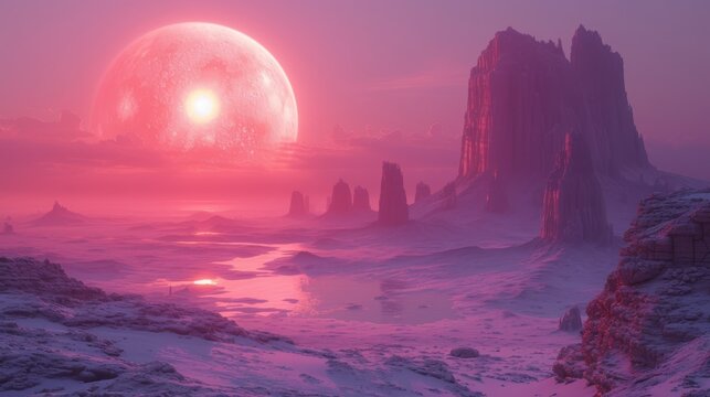 a sci - fiish landscape with a giant planet in the middle of the sky and a lake in the middle of the foreground.