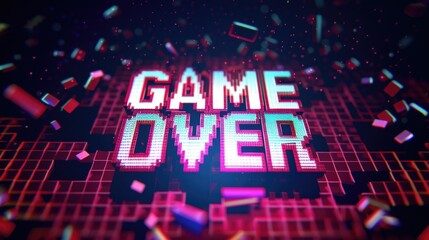 Game over Pixel art design. Arcade retro banner, digital pixel 8-bit. End level final poster. Vintage style. Pixelated text illustration. Gaming finish sign. Old fashion effect. Red background.