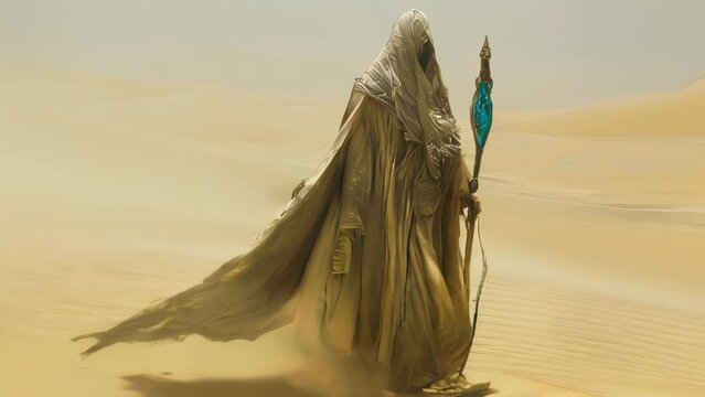 Against a desert backdrop, a sorcerer clad in a deep navy robe strides with a staff in one hand. The robe flutters in the wind, its silhouette merging with the undulating dunes. 