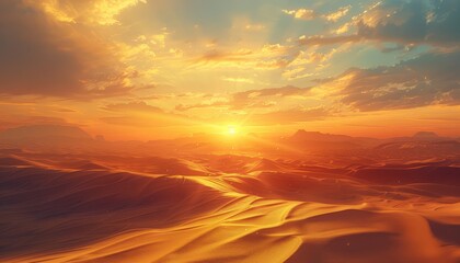 Desert Sunrise, Golden light breaking over the horizon as the desert awakens to a new day, with...