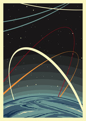 Naklejka premium Retro Space Poster Template. Planet, Orbit, Moon, Stars. Cosmic Background, Retro Colors and Style 