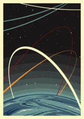 Foto auf Glas Retro Space Poster Template. Planet, Orbit, Moon, Stars. Cosmic Background, Retro Colors and Style  © koyash07