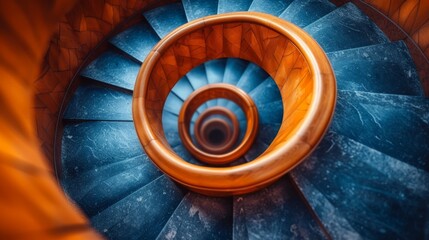 a close up of a spiral staircase with a blue and orange spiral design on the bottom of the spiral staircase.