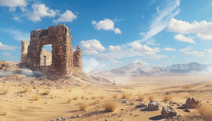 Desert Ruins, Ancient ruins or abandoned settlements in the desert, hinting at the civilizations...