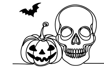 one Continuous black line drawing of pumpkin and ghost Halloween concept outline doodle vector illustration on white background