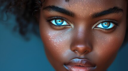 a close up of a woman's face with blue eyes and freckles on her face and a blue background.