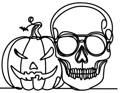 one Continuous black line drawing of pumpkin and ghost Halloween concept outline doodle vector illustration on white background
