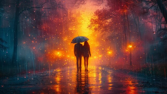 Naklejki a painting of two people walking in the rain with an umbrella in the foreground and a street light in the background.