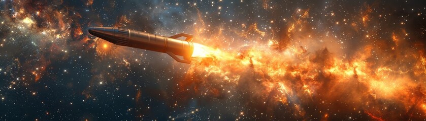 Golden rocket soaring through space  - obrazy, fototapety, plakaty