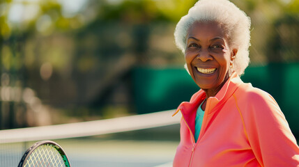 A woman wearing a vibrant pink shirt and a green headband stands poised on the tennis court, her active stance exuding confidence and determination
