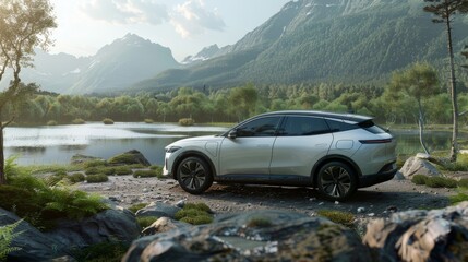 Fototapeta na wymiar Electric SUV parked in breathtaking landscape. Exuding elegance and sophistication. AI Image