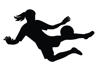 Black silhouette of a young girl goalkeeper of a school women's football team jumping to catch the ball