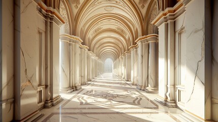 Baroque palace entry, grand vaulted archway, marble pathway, midday, soft shadows, low angle - obrazy, fototapety, plakaty