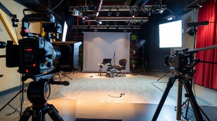 Creative studio setting for video interview, professional camera setup, LED panels, neutral background, mid shot