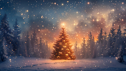 Digital illustration of magic Christmas tree against snow, generative Ai