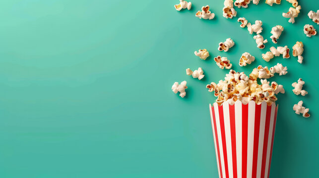 A playful and dynamic composition featuring popcorn kernels scattered around the edges leaving space for text on a teal backdrop