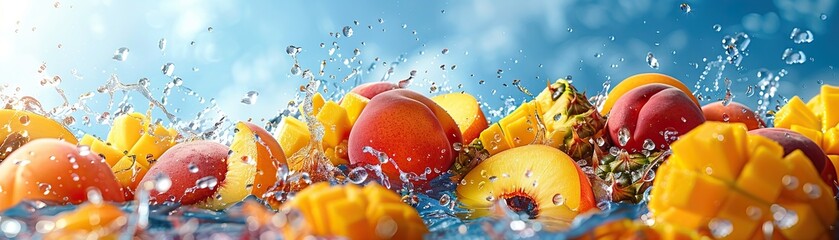 slices of juicy summer fruits mango, peach, and pineapple, float effortlessly against a backdrop of clear blue sky - obrazy, fototapety, plakaty