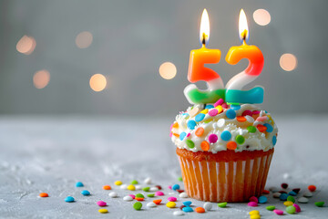 Birthday cupcake with number fifty-two candle