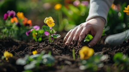 Hand takes care of flowers in soil. Gardener working in spring garden 