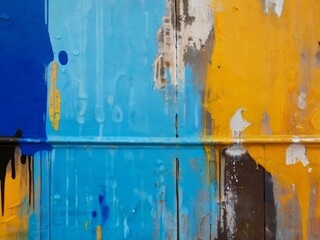 Messy blue yellow paint strokes and smudges on an old painted wall background