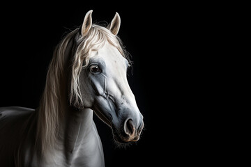 Stunning white horse standing against bold black background, elegant equine photography